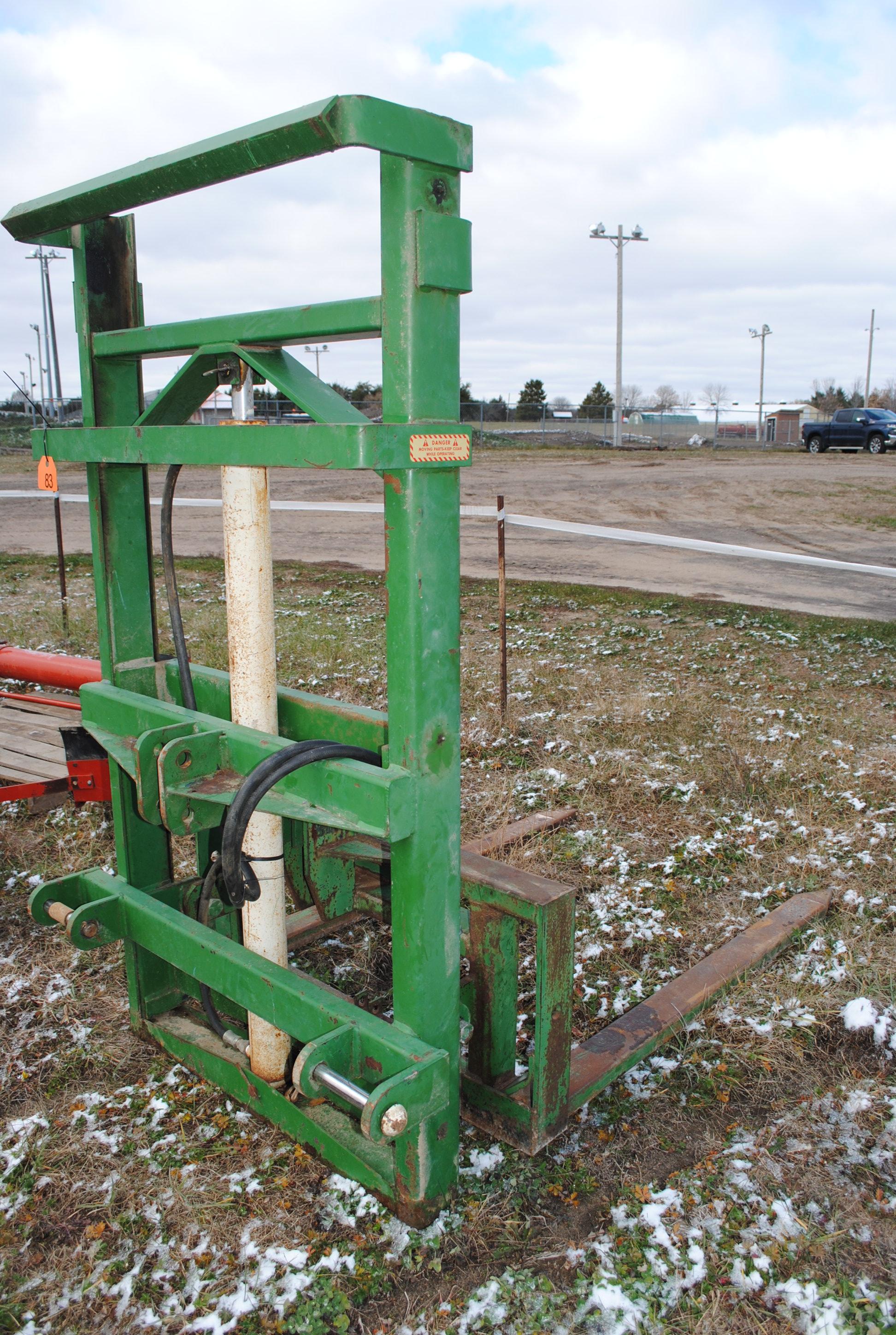 3-Point Hydraulic Fork Lift, owner states it works, lifts about 7.5', has bale carrier on it