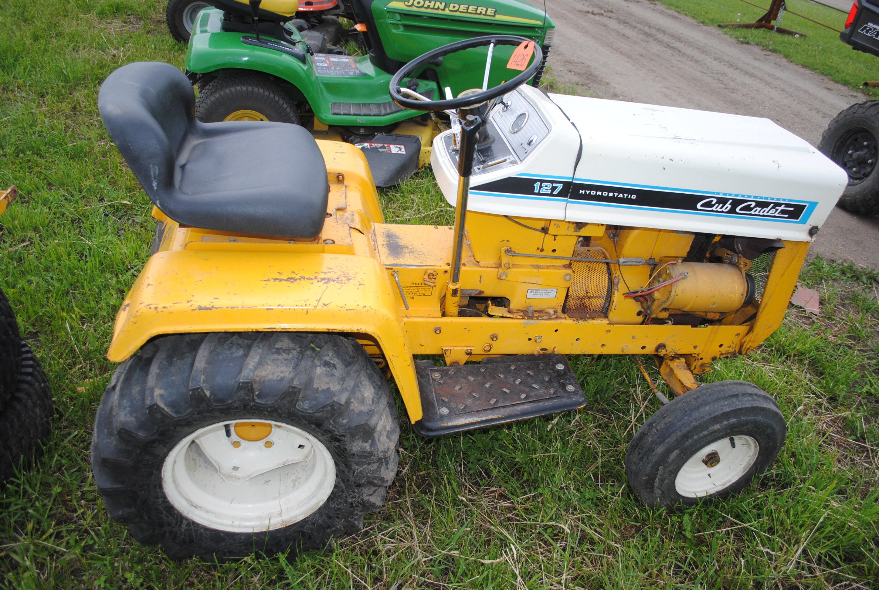 Cub Cadet 127 tractor, hydrostatic, 2 extra wheels & mower attachment, no deck, runs & drives, hours