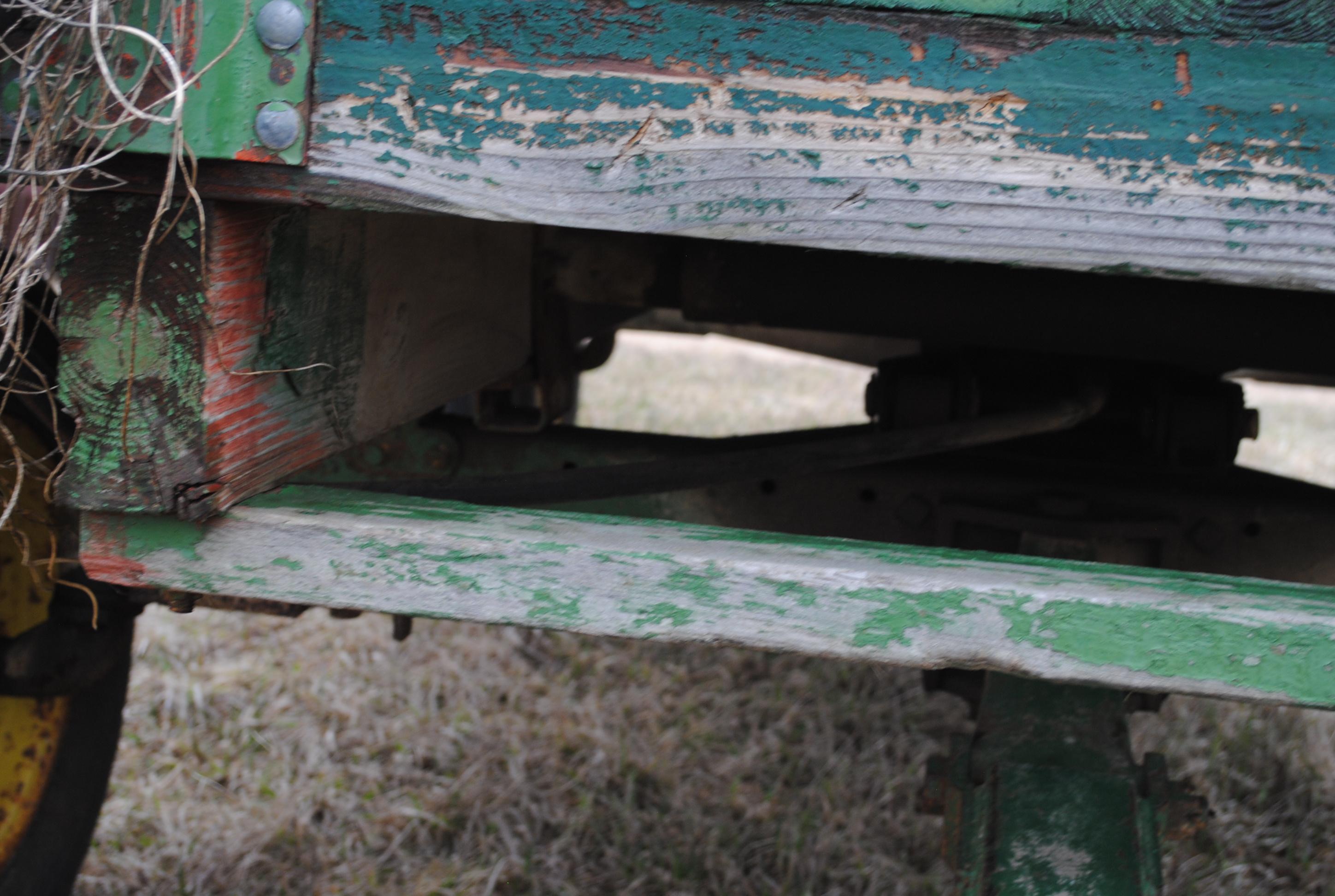 14' Barge Box with Hoist on John Deere running gear, metal floor