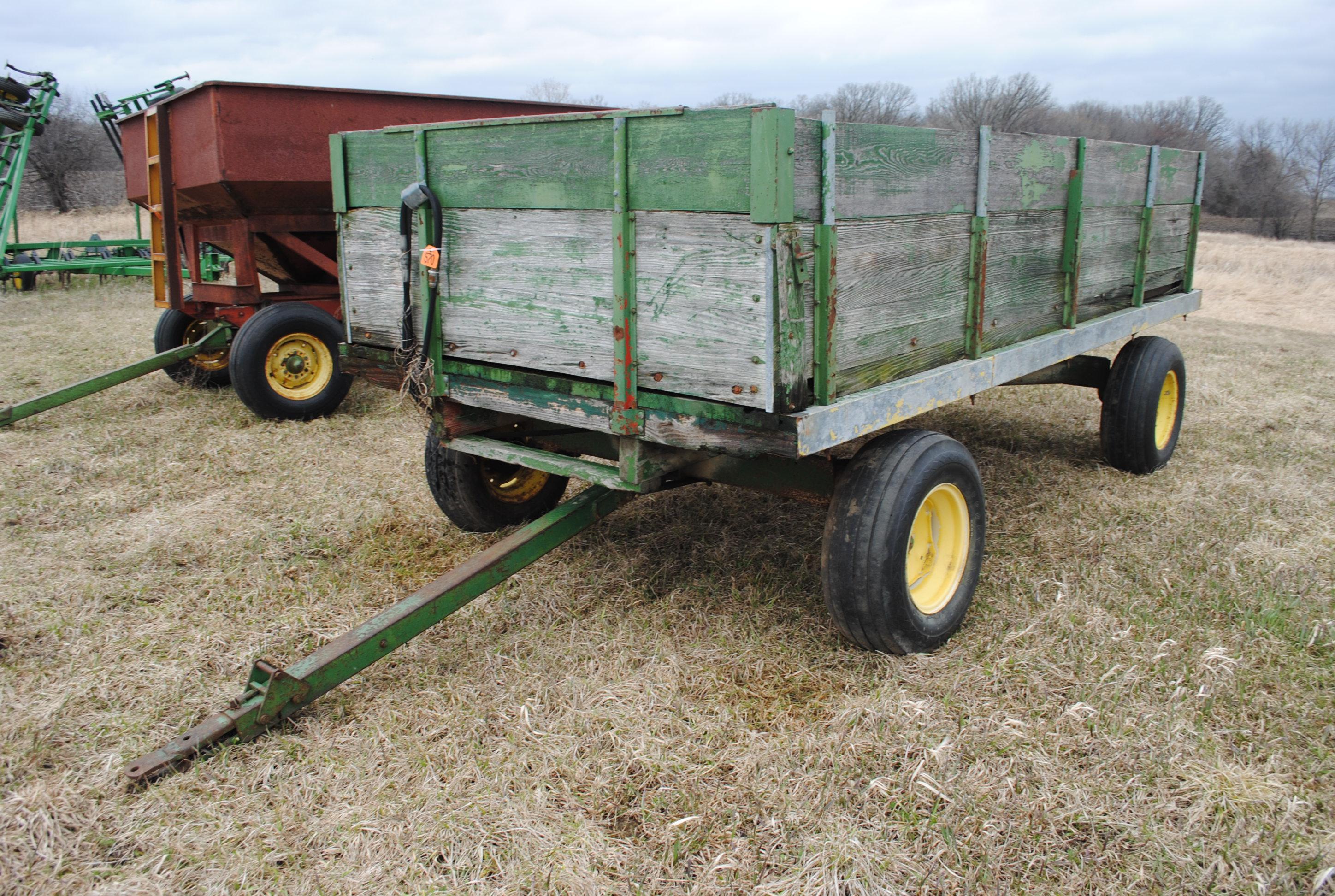 14' Barge Box with Hoist on John Deere running gear, metal floor