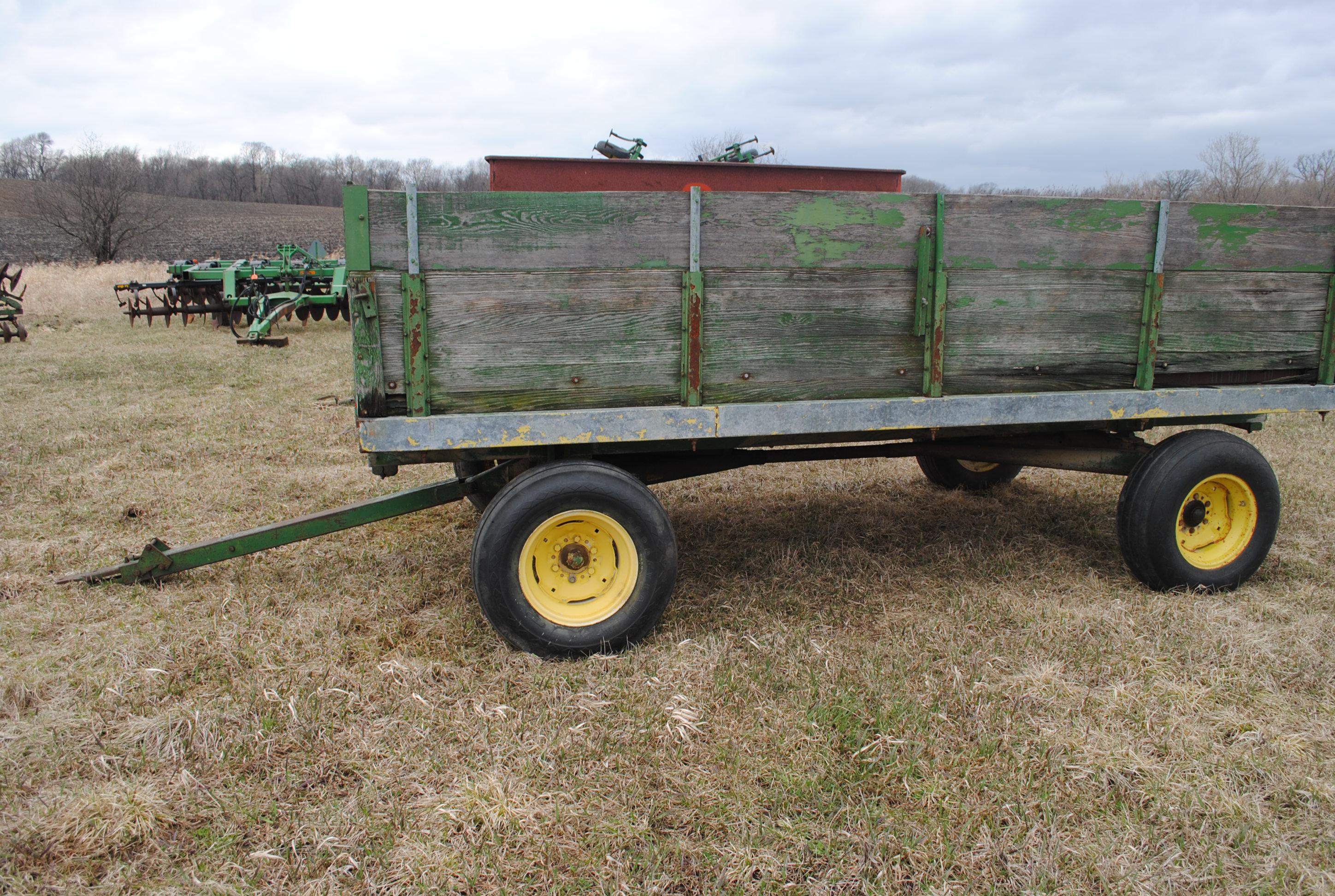 14' Barge Box with Hoist on John Deere running gear, metal floor