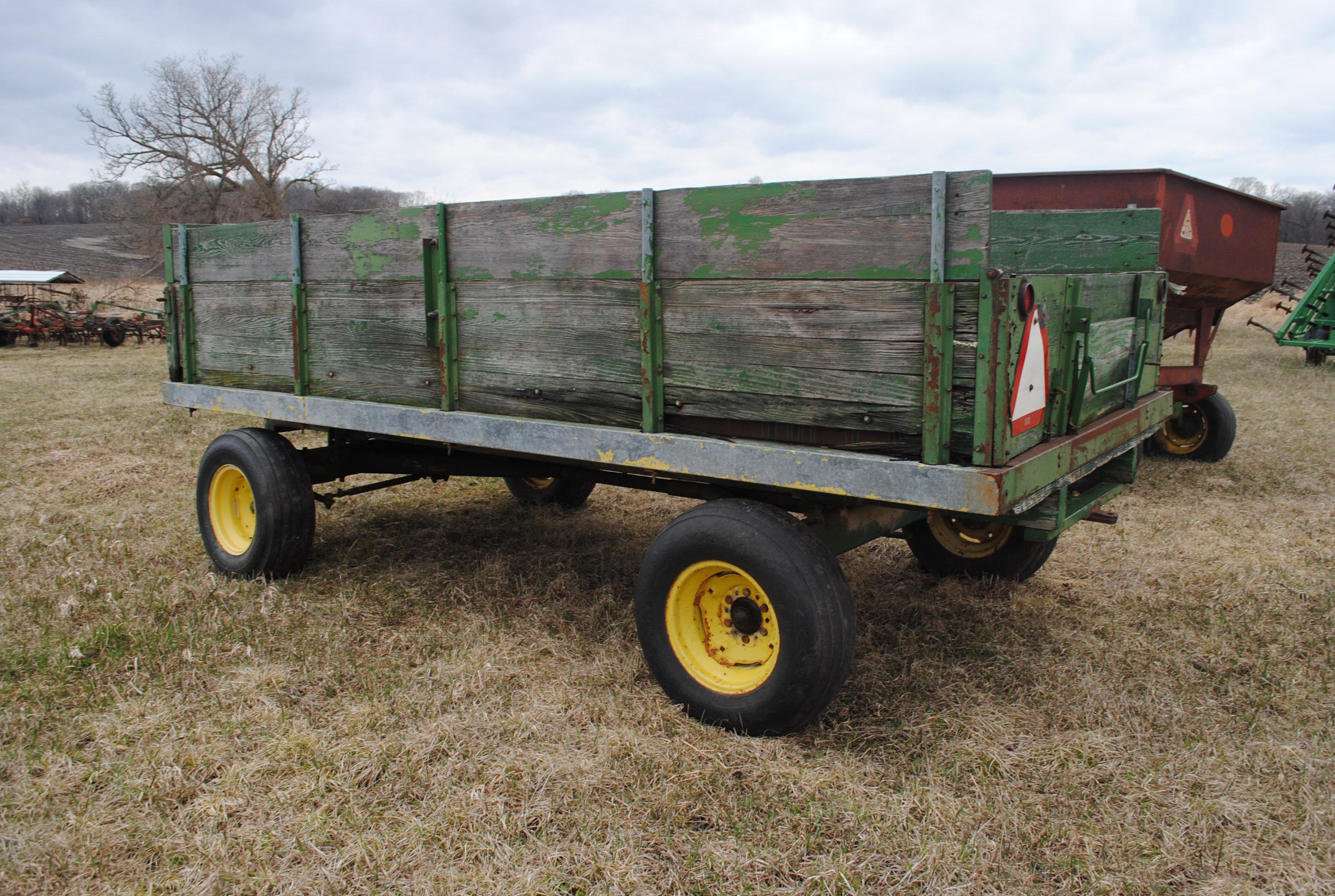 14' Barge Box with Hoist on John Deere running gear, metal floor