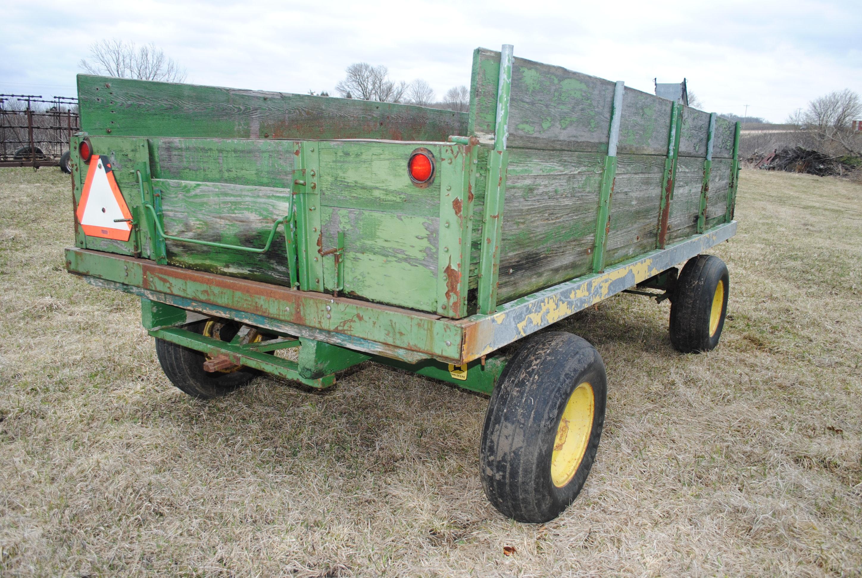 14' Barge Box with Hoist on John Deere running gear, metal floor