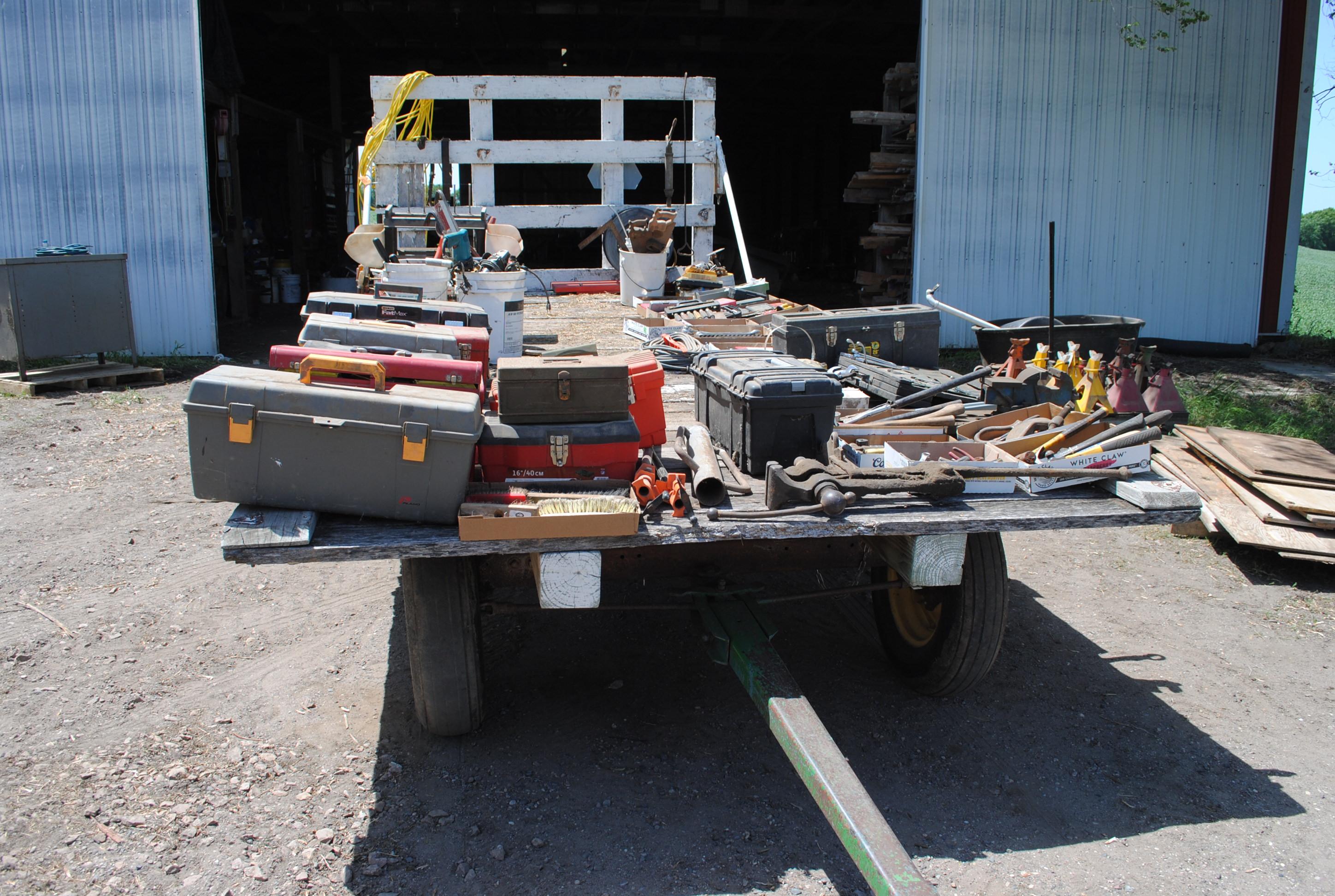 8'x18' Hay Rack on Electric Wheel Co. running gear (Contents not included)