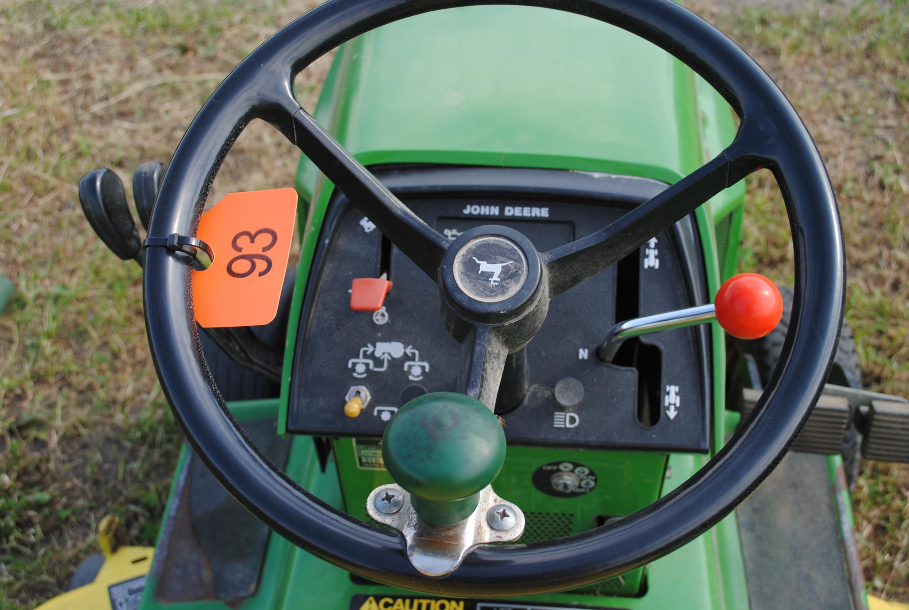 John Deere 318 mower with 50" deck, hydraulics plumbed to front, rear lift, hydraulic lift, runs & d