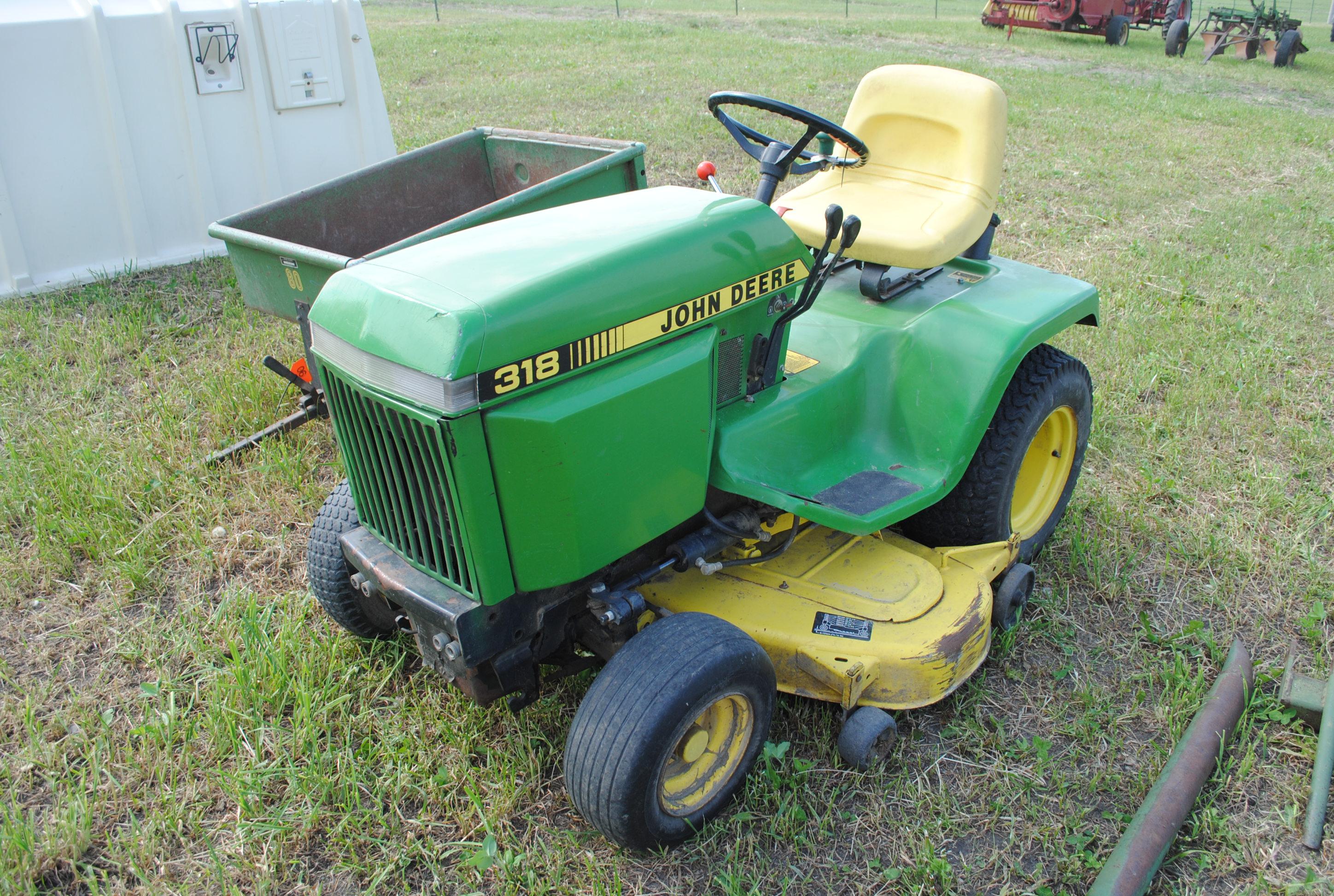 John Deere 318 mower with 50" deck, hydraulics plumbed to front, rear lift, hydraulic lift, runs & d