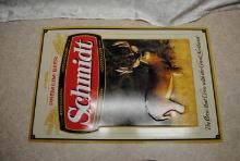"Schmidt Beer" stamped tin sign with buck deer, measures approx. 17.5" by 26.5", some light scratche