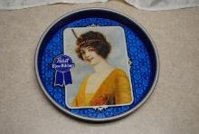"Pabst Blue Ribbon Beer" round tin serving tray with parlor girl, measures approx. 13.25" round and