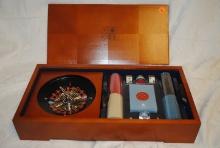 Small Game/Gambling Set with dice, poker chips, cards, and roulette wheel in wooden box