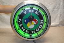 "The Game Room" round lighted clock, lights up, clock does not work, aluminum?, measures 18" round a