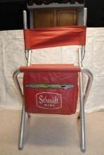 "Schmidt Beer" aluminum folding camp chair cooler, vintage, stitches are loose on back rest