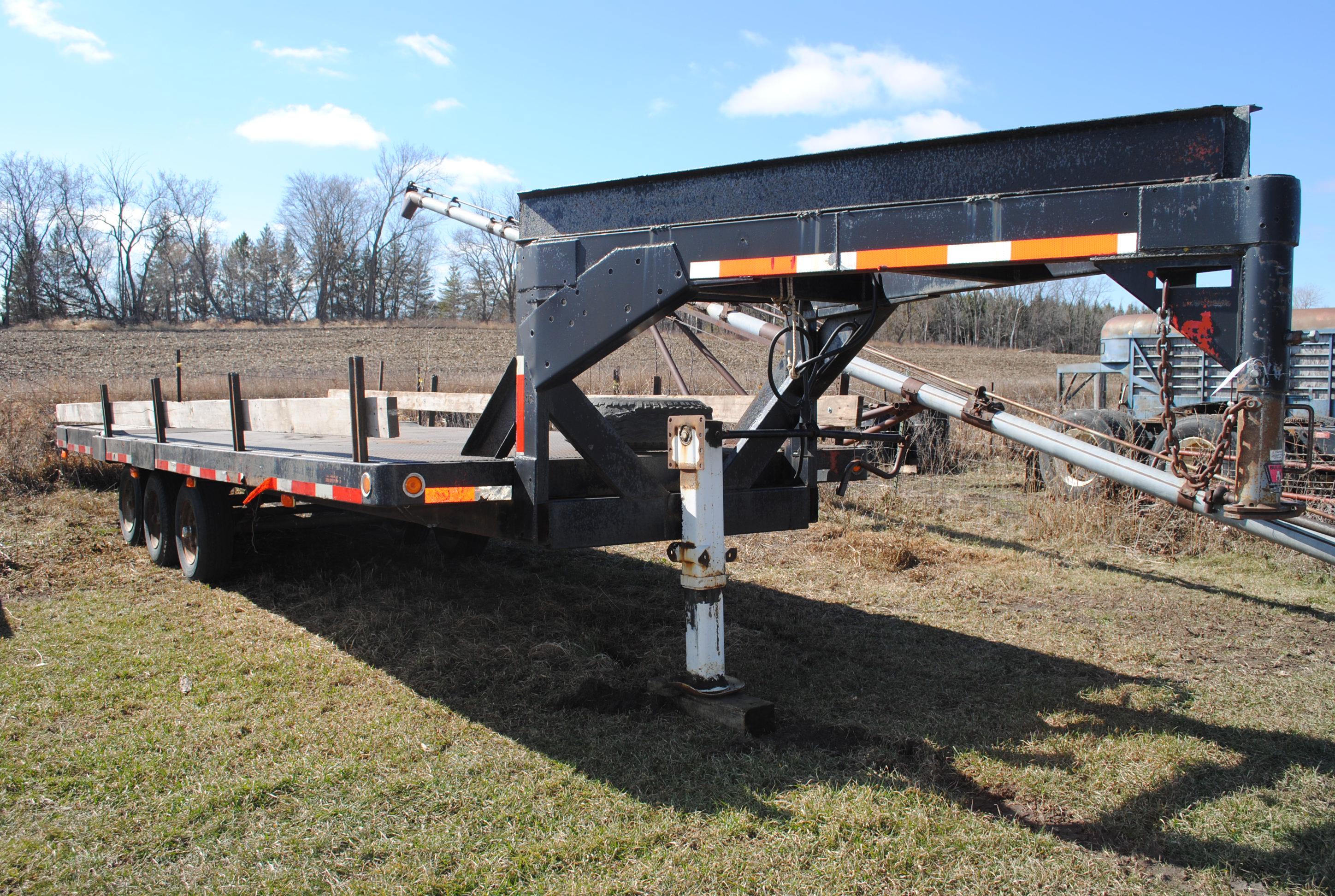 Gooseneck Tri-Axle Trailer approx. 22-1/2' by 7'10", trailer house wheels & tires, homemade. TITLED