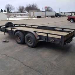 Tandem axle low load 7' x 16' trailer (2) 5/16 ball hitch, rear ramps, side rail, spare tire, wood