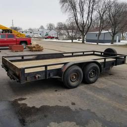 Tandem axle low load 7' x 16' trailer (2) 5/16 ball hitch, rear ramps, side rail, spare tire, wood