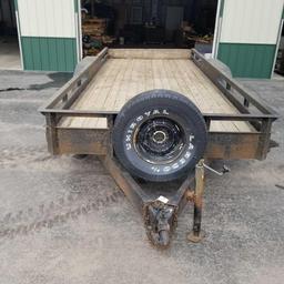 Tandem axle low load 7' x 16' trailer (2) 5/16 ball hitch, rear ramps, side rail, spare tire, wood