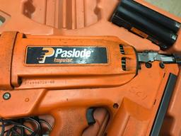Battery powered Paslode impulse framing nailer with charger, batteries, and hard case. Works well!
