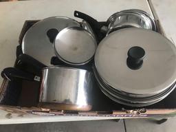 Various kettles, revere ware, (2) 6 quart pans, and much more!