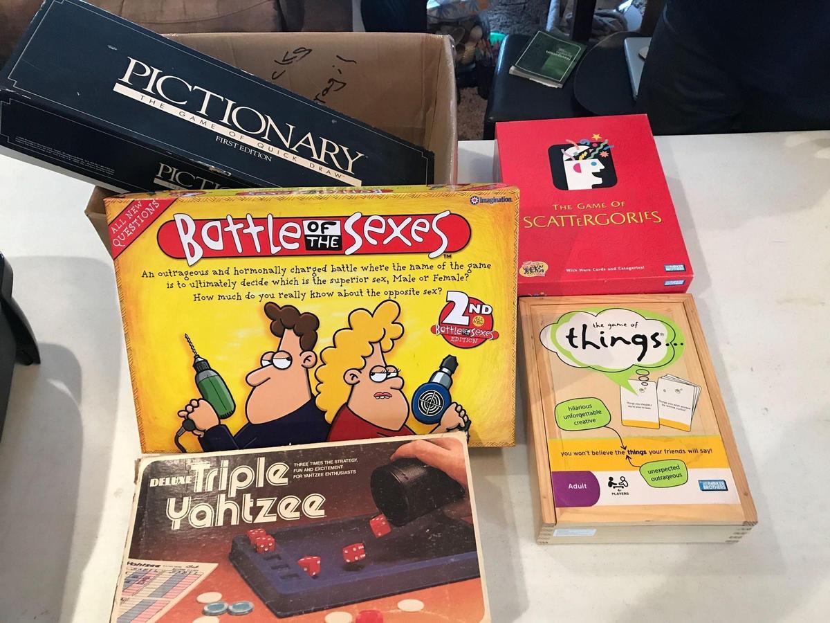 Scattergories, Triple Yahtzee, Battle of the Sexes, Pictionary, The Game of Things (Shipping