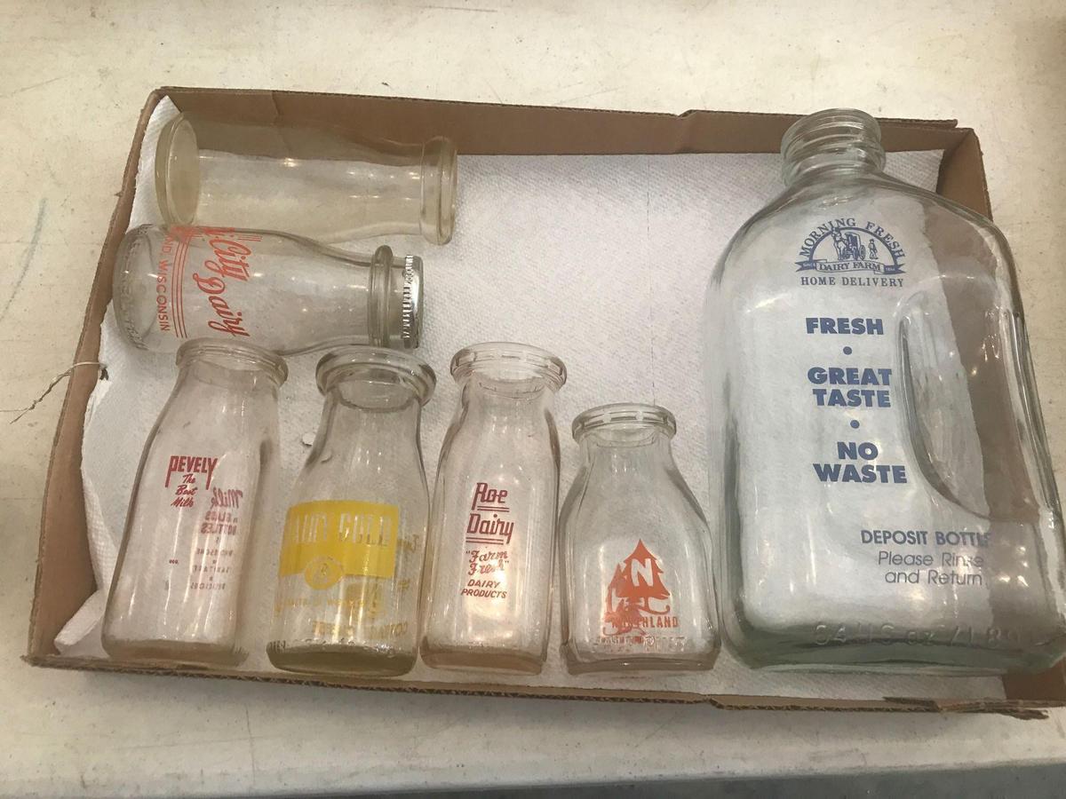 Milk Bottle Collection. (1) 1/2 Gal." Morning Fresh", (1) Pt. Durand, Wis. (1) Pt. Roe Diary, 1/2