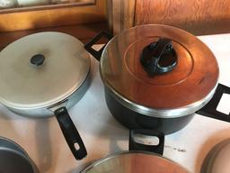 Various Kettles, and GE electric skillet w/ cord.