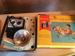 Kodak EK4 instant camera w/ box, a Kodak Brownie camera w/ flash in box, a Polaroid camera w/ case,