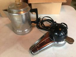 Large Coors beer glass, antique hair dryer, coffee pot, modern cast iron skillets, milk glass