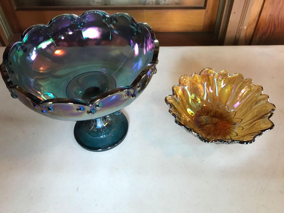 8'' stemmed carnival glass bowl and smaller carnival candy dish.