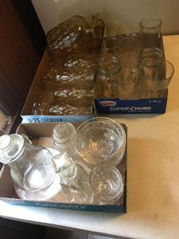 Water Pitcher and 6 matching glasses, other various glasses, vinegar cruet, and etched glass sauce