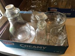 Water Pitcher and 6 matching glasses, other various glasses, vinegar cruet, and etched glass sauce