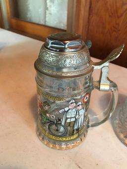 2 mini steins, larger lidded stein, (2) sets of 2 etched glass steins.