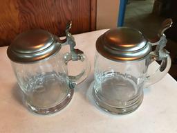 2 mini steins, larger lidded stein, (2) sets of 2 etched glass steins.