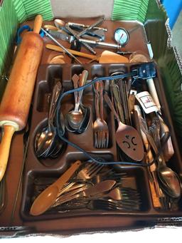 Various flatware, wood rolling pin, nut crackers, beer can opener, some advertising utensils, wooden