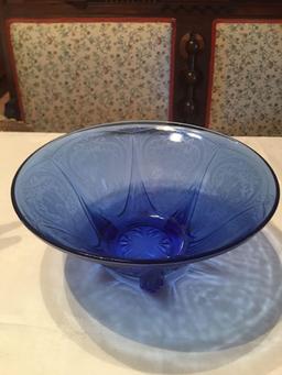 Cobalt blue 10" diameter by 4 1/2'' tall 3 footed etched bowl, 6 1/2'' and 5'' pitchers.