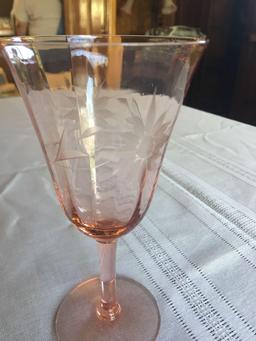 6 3/4'' tall pink Depression etched water glasses