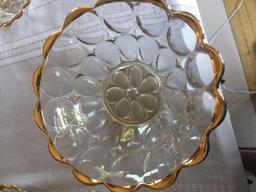 9'' diameter clear berry bowl with 8 matching smaller berry bowls all with gold trim.