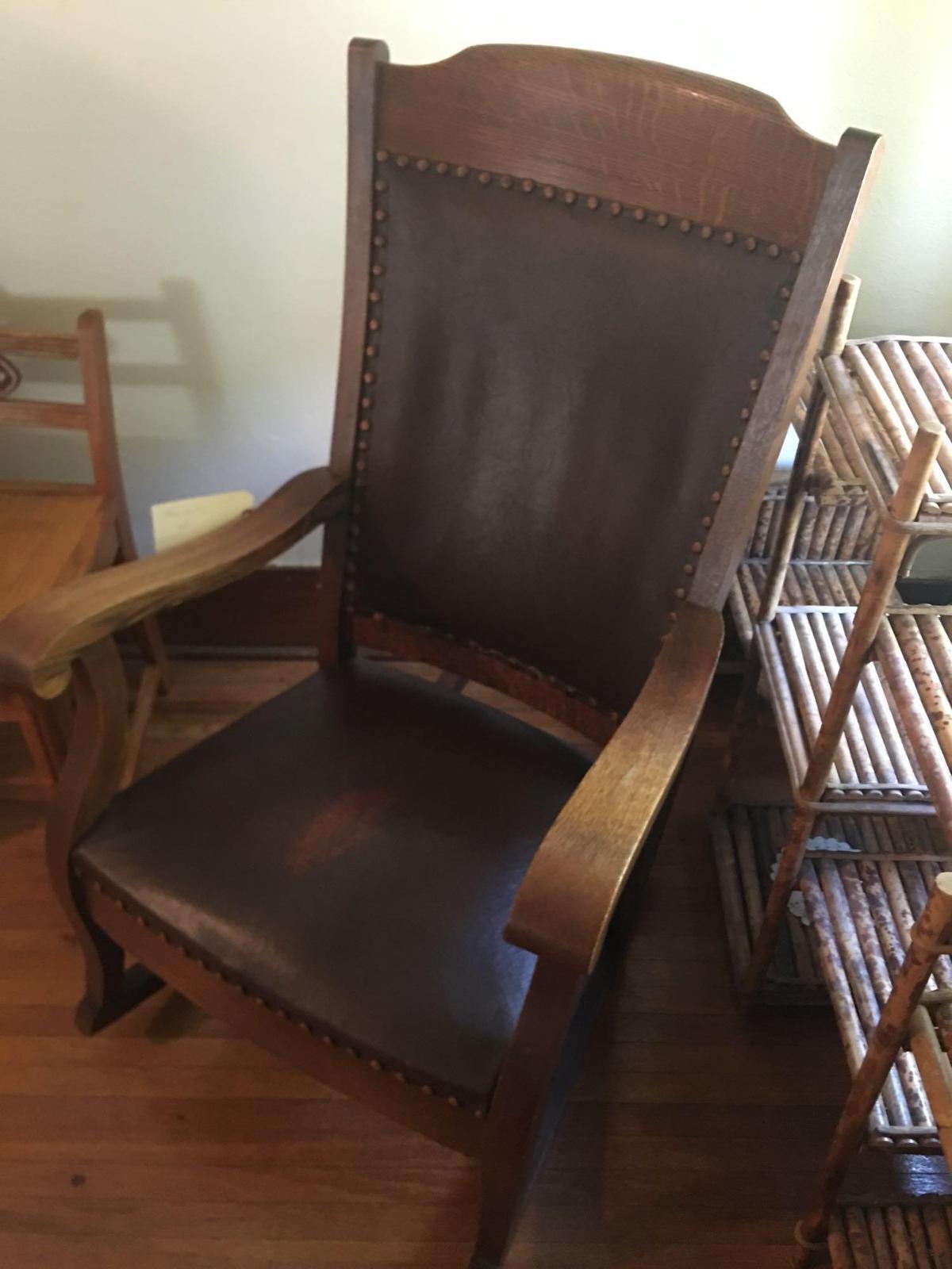 Mission Oak platform rocker with leather seat and back