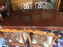 Mahogany 42'' w, 60'' l, 32'' h, double pedestal with Duncan Pfyfe claw feet, five chairs with one