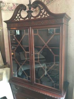 Mahogany hutch with 3 shelf display on top with glass doors, bottom storage, decorative applied