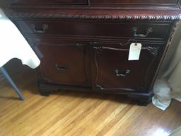 Mahogany hutch with 3 shelf display on top with glass doors, bottom storage, decorative applied