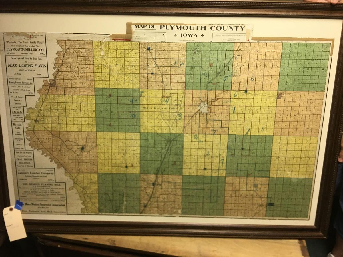 Copyright 1920 map of Plymouth County Iowa with local advertising on the side, 32'' w, 48'' h (for