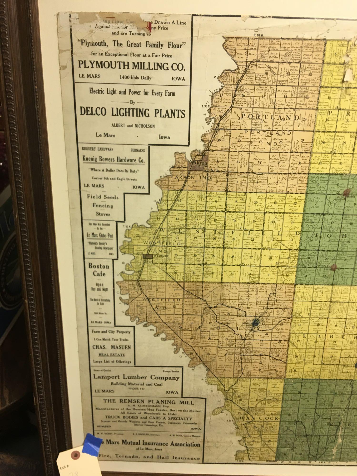 Copyright 1920 map of Plymouth County Iowa with local advertising on the side, 32'' w, 48'' h (for