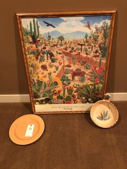 12'' dish & Mexican Bowl, plus a matted picture 28'' wide X 36'' tall