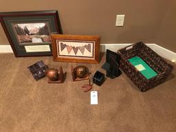 Matted and framed eagle/mountain scenery, a lidded glass bird house, book ends, and weaved basked.