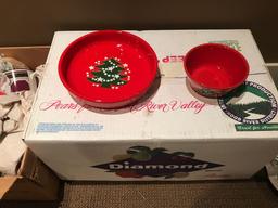 Various Christmas decor, cups, plates, dishes, and punch bowl w/ (8) cups