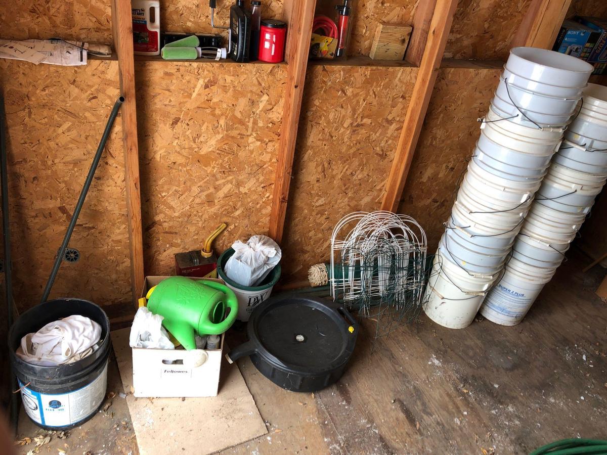 approx. (25) 1-gal. pails, waste oil bucket, garden fencing, sprinkling can, and more! NO SHIPPING!