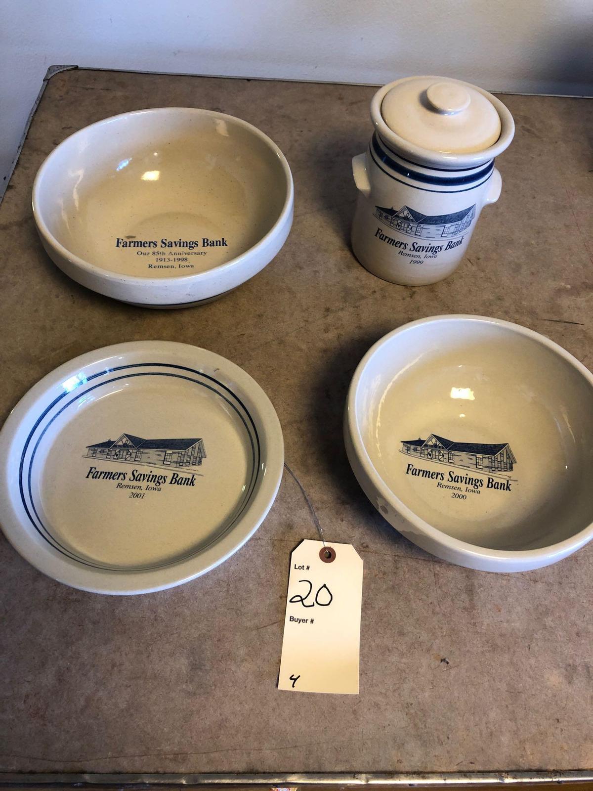 4 Pieces of Farmers Savings Bank, Remsen, IA crock ware