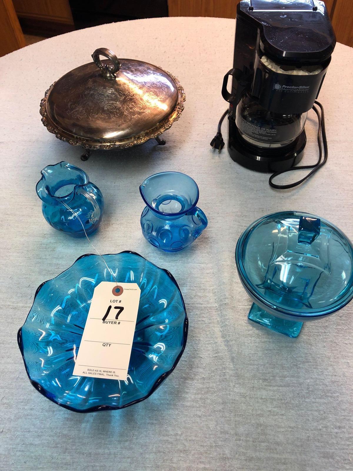 Assortment incl. Mini Coffee Maker, Blue Glass Items, and Metal Covered Candy Dish