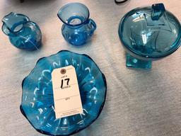 Assortment incl. Mini Coffee Maker, Blue Glass Items, and Metal Covered Candy Dish