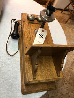 Antique Oak Wall Mount Hand Crank Telephone with Shelf
