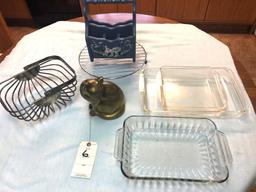 Assortment Glass Cake Cookware and Metal Items incl. Brass Cat